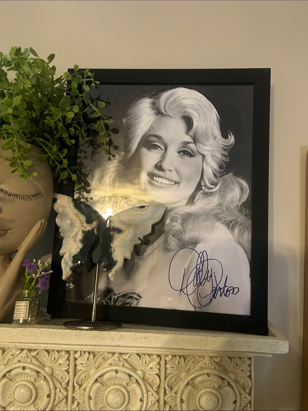 Framed Black-and-White Dolly Parton signed Portrait - Black Frame
